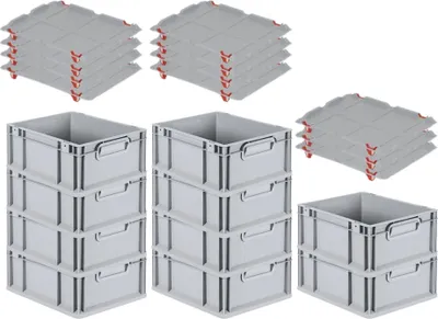 Produktbild von SuperSparSet 10x Eurobox NextGen Grip mit Auflagedeckel inkl. 4 roten Schiebeschnappverschlüssen | HxBxT 17x30x40cm | 16 Liter | Grau | Grau | Griffe geschlossen | Glatter Boden | Eurobehälter, Transportbox, Transportbehälter, Stapelbehälter