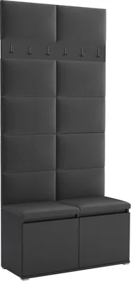 Produktbild von Garderoben-Set Noris I, gepolsterte Garderobe 100 cm mit Sitzbank, Wandpaneelen und Haken (Farbe:Schwarz + Trinity 12)