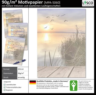 Produktbild von Motivpapier Briefpapier (See-5060, DIN A4 25 Blatt) Vögel am Himmel beim Sonnenuntergang über einem wunderschönen See mit Schilf am Ufer und einen Steg aus Holz