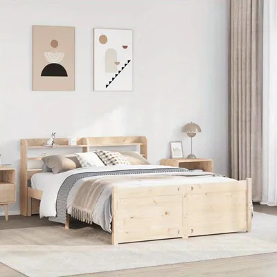 Image de Cadre de lit en bois massif de 120x200 cm, en pin, avec tête de lit. Durable