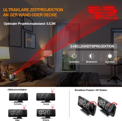 A bedroom scene with a projection alarm clock projecting the time onto the wall and ceiling.