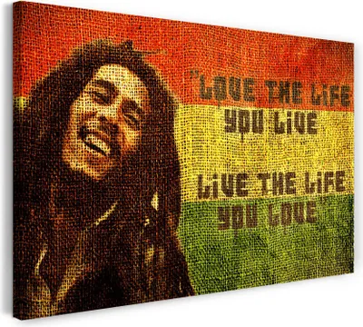 Produktbild von Leinwandbild (80x60cm): Bob Marley King of Reggae Zitat vor Jamaika-Farben, echter Holz-Keilrahmen inkl. Aufhänger, handgefertigt in Deutschland