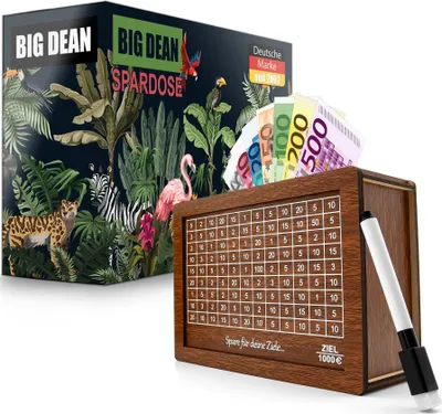 Produktbild von BigDean Spardose mit Ziel 1000€ aus Holz – Sparbox in Geschenkverpackung