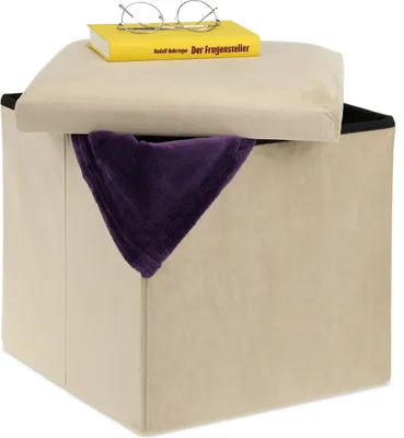 Produktbild von Relaxdays Sitzhocker, Sitzwürfel mit Stauraum, HBT: 38 x 38 x 38 cm, faltbar, Aufbewahrungshocker aus MDF & Samt, creme