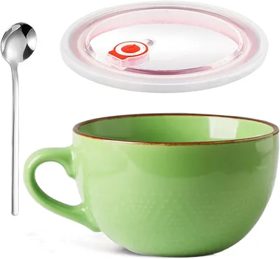 Produktbild von Große Tasse Keramik,700ml Müslischalen(hellgruen)Kaffeebecher mit Henkel,Salat Schale,Teetasse Mit Deckel und Löffel,Porzellan Tasse für Geschenk