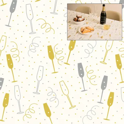 Obrázok produktu pre Vzdušný obrus - 140 x 220 cm - Šampanské a slávnostný dizajn - Biely so zlatou/striebornou - Ideálny na Silvestra
