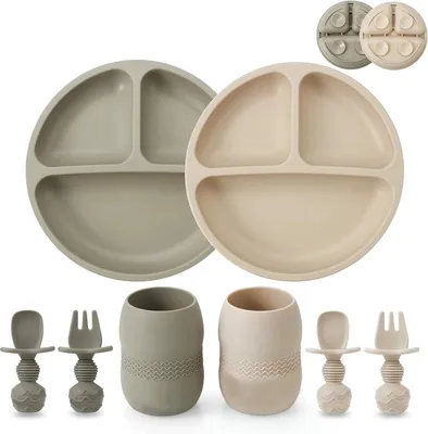 Produktbild von PolkaHome® Silikon Babyservice-Set | 2 geteilte Saugnapfteller, 2 kleine Becher, 2 Löffel und 2 Gabeln | BPA-frei
