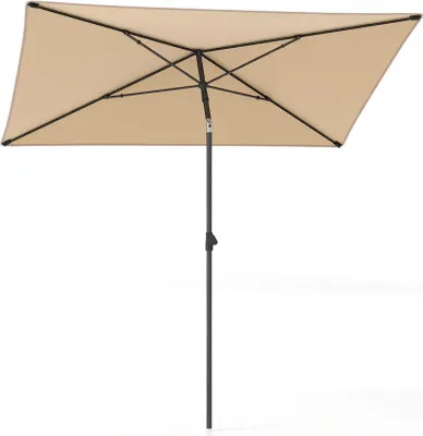Produktbild von Costway Sonnenschirm rechteckig Beige, 30° beidseitig knickbar, 210x140x245 cm (LxBxH), aus Polyester mit Silberbeschichtung, Metallgestell, 2-teilig, mit Tragetasche, einfacher Aufbau ohne Werkzeuge.