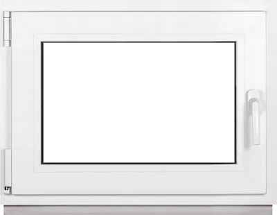 A white plastic window frame with a clear glass pane, shown from the front.