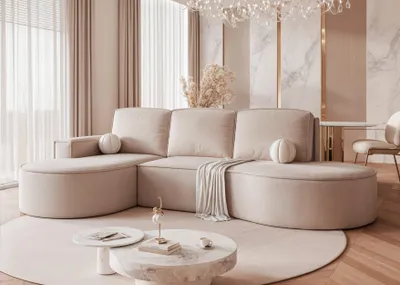 Produktbild von Idohome - Gepolstertes Ecksofa SOFIA L LINKS mit Schlaffunktion und Bettkasten 277x157 cm, modern, elegant, oval -Farbe: Creme Riviera 21