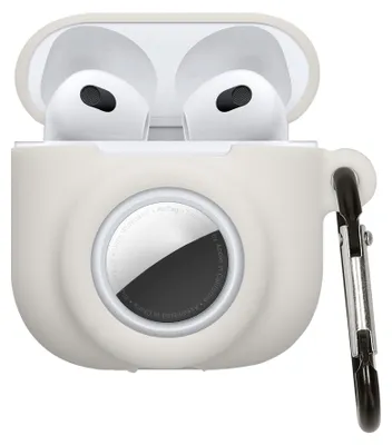 Produktbild von kwmobile 2-in1 Schutzhülle für Apple Airpods 4 Hülle - Kopfhörer Silicon Case kompatibel mit AirTag - stoßfestes Cover mit Karabiner - Weiß