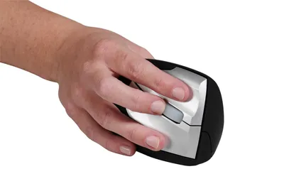 Produktbild von BakkerElkhuizen Handshake Mouse Wireless VS4, rechts, Vertikale Ausführung, Laser, RF Wireless, 2400 DPI, Schwarz, Silber