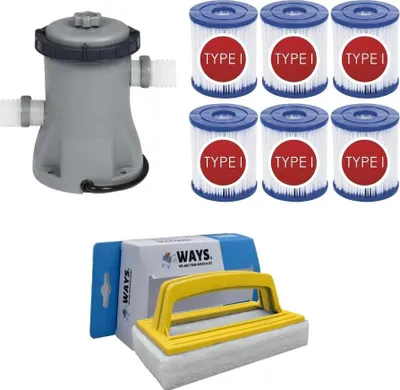 Immagine prodotto di WAYS - Cura della piscina - Pompa filtro 1249 L/h & 6 filtri tipo I & spazzola WAYS