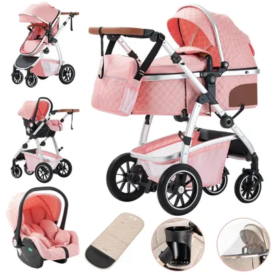 Produktbild von 3-in-1 Kinderwagen - Kombikinderwagen / Buggy - Hohe Sitzposition - Verstellbarer Schiebegriff - Klappbarer Reisebuggy - Aluminiumrahmen - Moskitonetz - Rosa