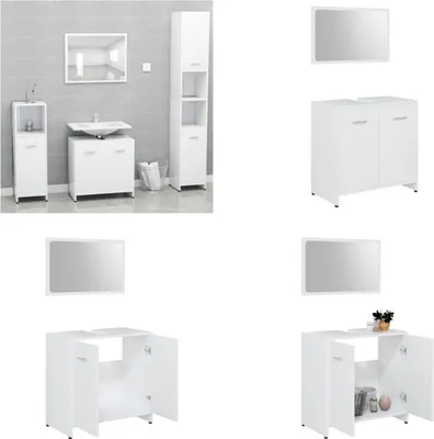 A collage of images showing different vidaXL bathroom furniture sets in white.