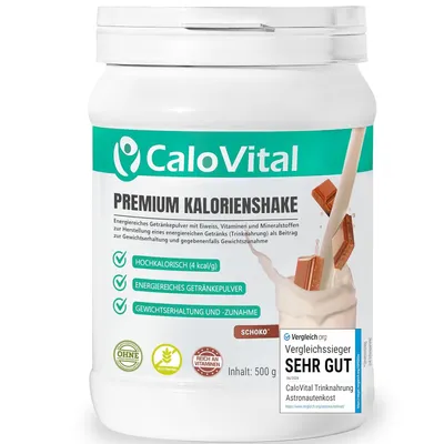 A product shot of a CaloVital Premium Kalorienshake container.