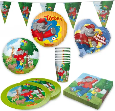 Produktbild von Benjamin Blümchen Partyset 51-tlg. Geschirr, Servietten, Wimpel, Folienballons