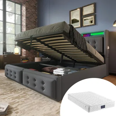Produktbild von MODFU Boxspringbett Hydraulisches 140x200 cm mit LED-Beleuchtung, Polsterbett Funktionelles mit USB-Ladeanschluss, Stauraumbett mit Bettkasten Stauraum, Grau(Mit Matratze)