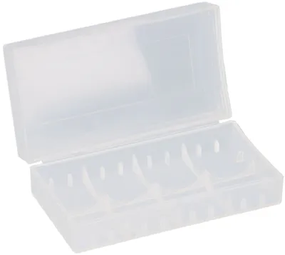 An open, clear plastic battery case for two 18650 Li-Ion cells.