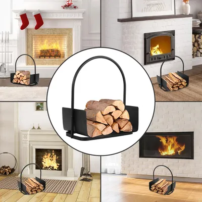Productafbeelding van Eikuavons Draagbare houtkorf voor open haardhout, vervaardigd uit zwart gepoedercoat ijzer, U-vormig, afmetingen 40 x 30 x 50 cm, met afneembaar rond handvat