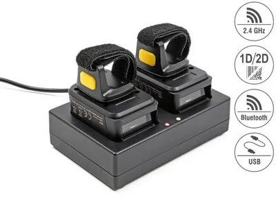 Produktbild von Delock Ringbarcode Scanner 1D und 2D mit 2,4 GHz oder Bluetooth (2 Stück) + Ladestation