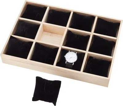 Produktbild von Holz-Uhrenhalter mit 12 Fächern, abnehmbaren Samtkissen, stapelbarem Schmuckfach und Uhrenvitrine in Schwarz