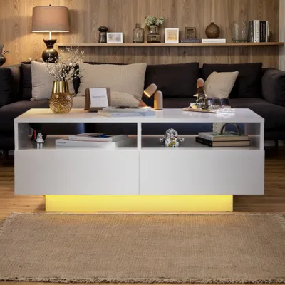 Image de Table basse LED Table de salon haute brillance Table d'appoint avec 4 tiroirs et télécommande pour salon chambre USB