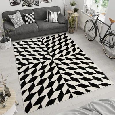 Produktbild von Teppich Wohnzimmer Schlafzimmer Kurzflor Modern Design Geometrisch Marokkanisch Karo Kariert Vierecke Creme Schwarz  300 x 400 cm