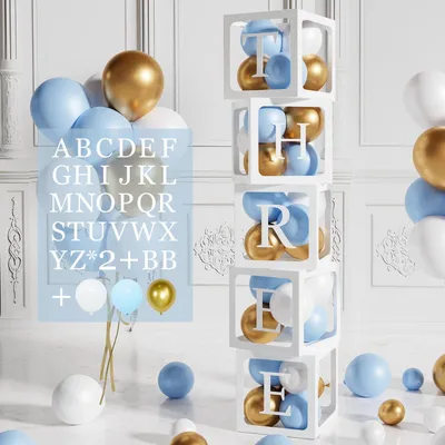Produktbild von Babyparty Deko Boxen Set Blau Gold Weiss 5 Boxen mit 54 Buchstaben und Luftballons