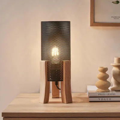 Zdjęcie produktu dla Lampa stołowa 'Joelleldsvin' drewno metal o wyglądzie siatki 30 x 14 x 14 cm czarny