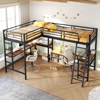 Image de Flieks Lit superposé 90x200cm avec sommier à lattes, lit surélevé avec bureau, lit d'enfant avec protection contre les chutes, lit métallique superposé 2 enfants, noir