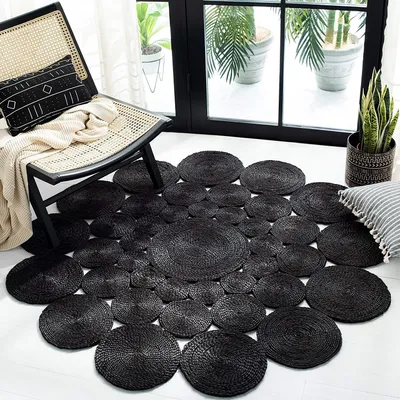 Jute-Teppich rund handgeflochten Schwarz 120 cm