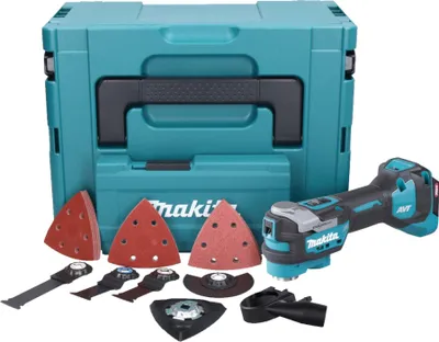 A Makita cordless multi-tool with various accessories and a storage case.