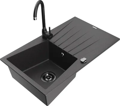 Produktbild von Mexen Cesar 1 Becken-Granitspüle mit Abtropffläche und Mischbatterie Telma, Schwarz gesprenkelt - 6514-76-670200-70-B