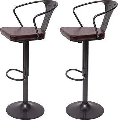 Zdjęcie produktu dla Krzesło barowe z oparciem, wysokość siedziska 63-83 cm, podłokietniki, krzesło barowe, styl industrialny, obrotowe, vintage, czarno-brązowe, regulowana wysokość