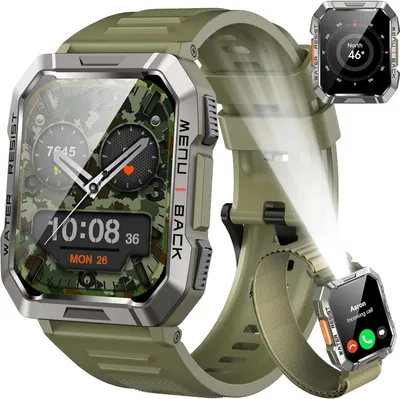 Produktbild von Herren Militär, 100 Tage Akkulaufzeit/LED Taschenlampe/Kompass/2 Armbänders/IP68 Wasserdicht, 100+Sportmodi Sportuhr, Anrufe tätigen/Empfangen