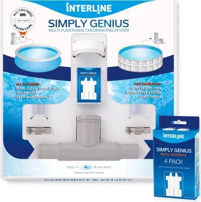 Produktbild von Sicherheits Chlor Dosierschwimmer I Pool Wasser Kindersicher Chloren I Simply Genius Starter Set inkl. 4er Pack Nachfüll Set I geeignet für empfindliche Haut I Mit Multifunktions Tabletten