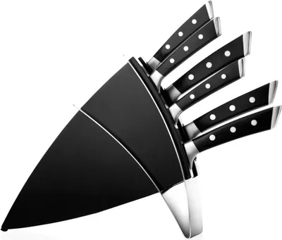 A set of knives in a black knife block, displayed against a white background.