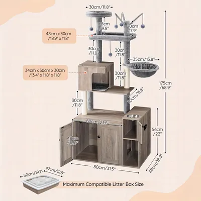 Image de Arbre à chat - Tour pour chat - Meuble pour chat - Tour pour chat - Hauteur : 175 cm - Litière intégrée et hamac
