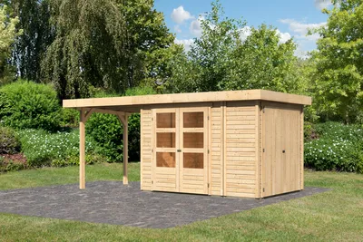 Produktbild von Karibu Gartenhaus Gerätehaus Retola 2 inkl. Anbauschrank und Anbaudach 2,40 m Breite naturbelassen 510x217x211 cm