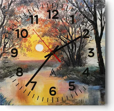 Produktbild von Wanduhr - Quadrat - Glasuhr - Fluss Sonne Bäume - 40x40cm - Schleichendes Uhrwerk - Lautlos - zum Aufhängen bereit - Dekoration Modern - Wanddekoration aus Glas - C4AC40x40-4190