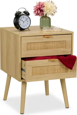 Produktbild von Relaxdays Nachttisch, 2 Schubladen mit Rattan, Holzoptik, HxBxT: 55 x 40 x 41,5 cm, Schlafzimmer, Nachtschrank, natur