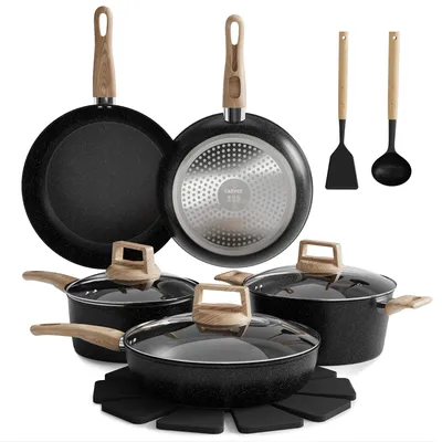 Zdjęcie produktu dla Battery de cuisine 14 piššces en aluminium antiadhšŠsif(revšºtement cšŠramique)-Compatible induction-Pošºles,panier vapeur+ustensiles