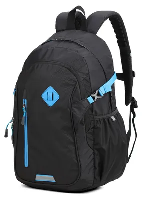 Produktbild von Uni-Rucksack, schwarz-blau, aus Polyester, mit Reißverschlussfächern und Textilgriffen