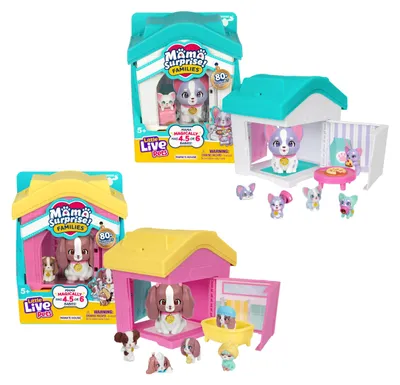 Produktbild von Little Live Pets Mama Surprise Families – Mamas Hütte-Packung, Bulldogge & Spaniel, 2 Hütten & Welpen, jede Mama bekommt 4–6 Babys, ausklappbares Spielset, 80+ Stück zum Sammeln, Geschenk für Kinder
