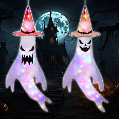 2er-Set Halloween-Geister-Windsäcke mit LED-Lichtern, Polyester