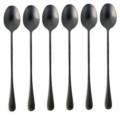 Produktbild von Intirilife 6er Set Löffel aus Edelstahl in Schwarz - 19 cm Länge - Eislöffel mit langem Stiel Dessertlöffel für Kaffee Latte Macchiato Longdrinks Cocktails Eistee