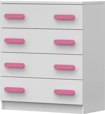 Produktbild von Kommode Sideboards Highboard für das Kinderzimmer 80cm Weiß/Weiß mit 4 Schubladen und rosa Griffe Jonas 02