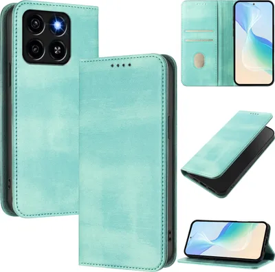 Collage of images showing a turquoise flip phone case from different angles and with a phone inside.