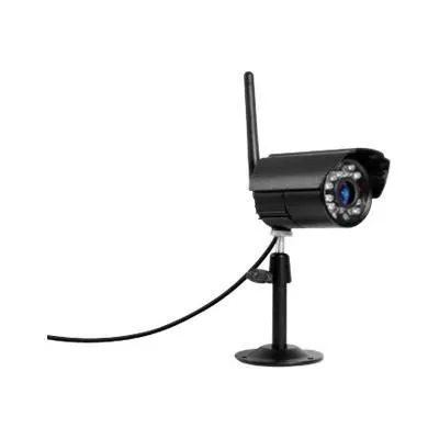 A black security camera with an antenna is mounted on a stand.